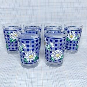 Vintage Blue & White Gingham Daisy Flower Juice Glasses KIG Indonesia Set of 6